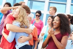 Friends reunite at a 10 year high school reunion