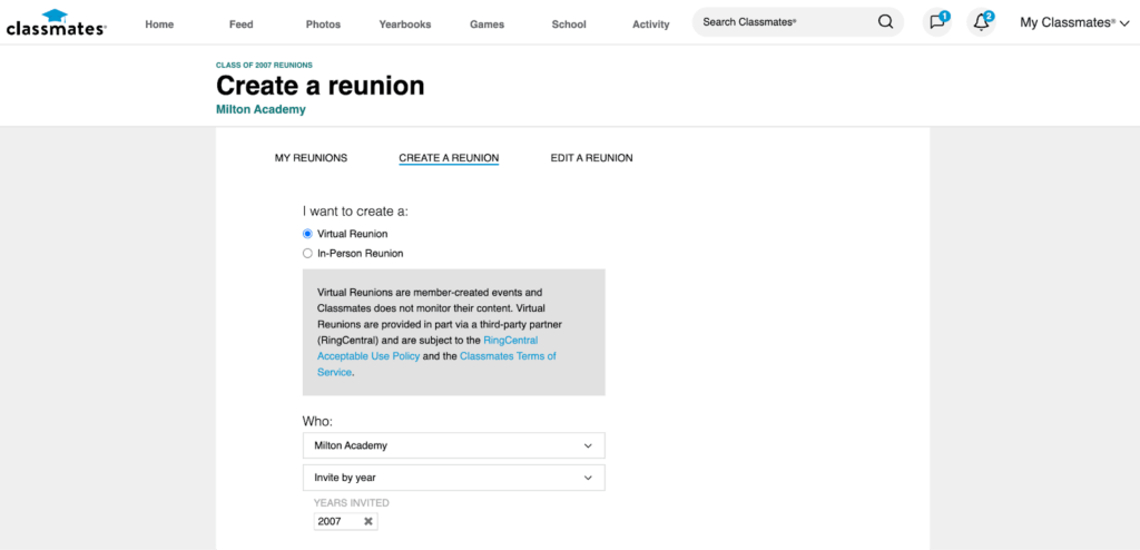 Classmates reunion website